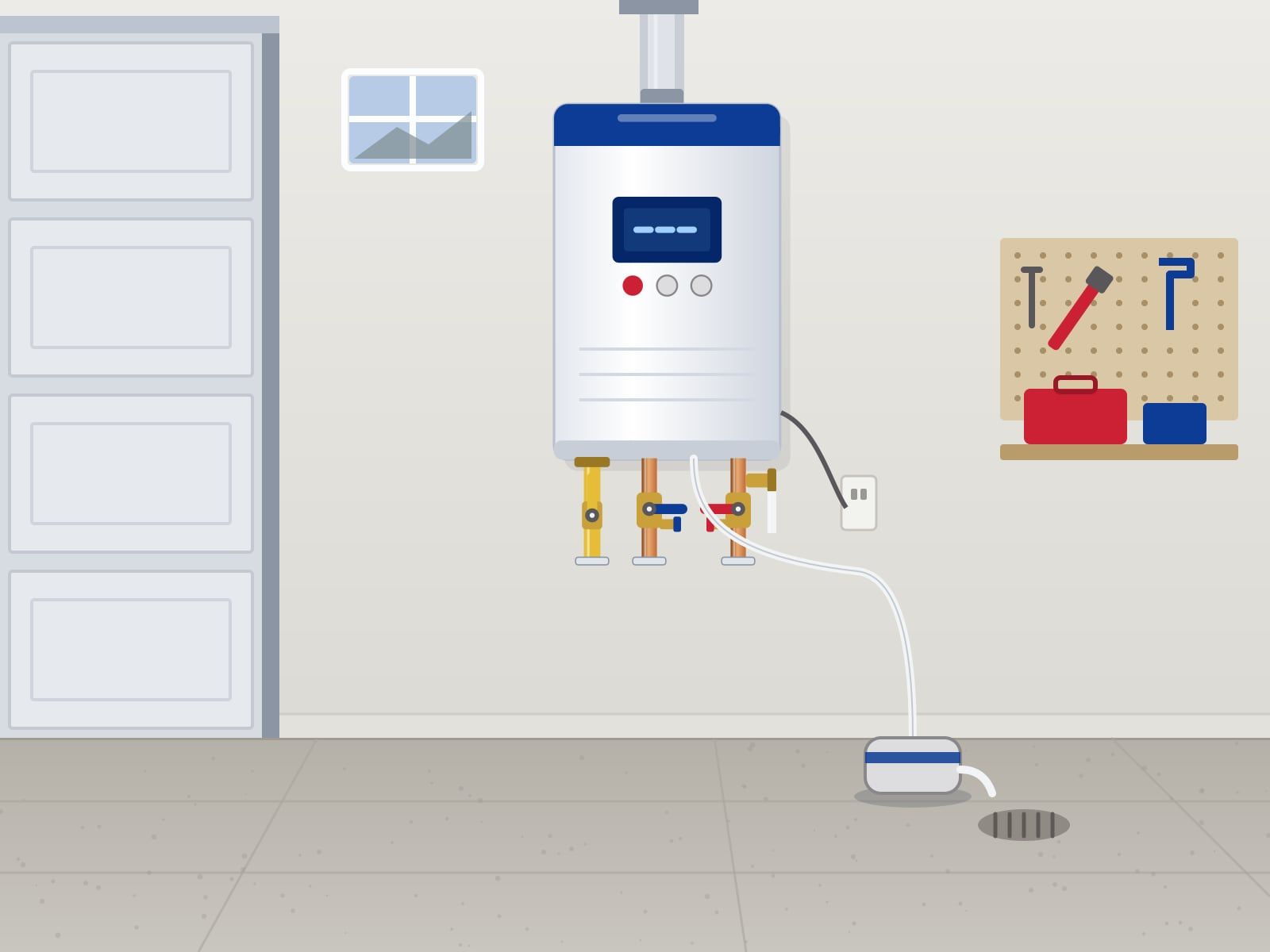 Illustration of a garage wall with a tankless water heater, its vent rising to the ceiling, a gas shutoff, isolation valves with blue and red handles, and a condensate line running to a neutralizer beside a floor drain
