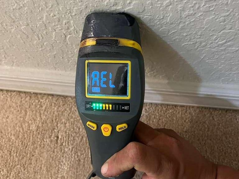 A hand holding a moisture meter against a textured wall just above the baseboard and carpet, its screen lit